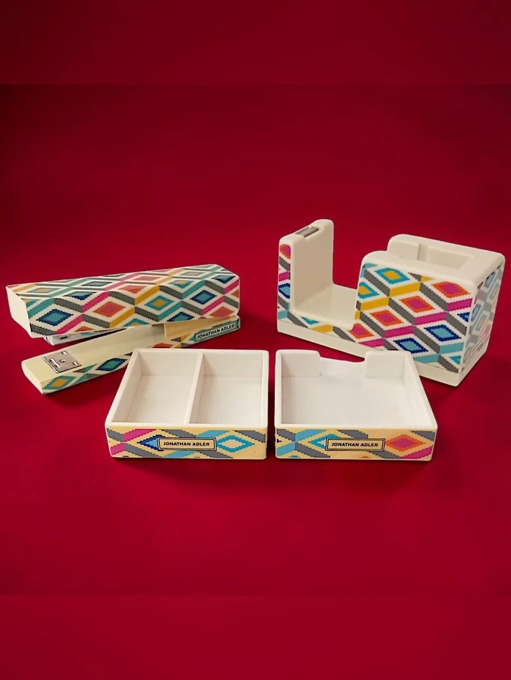 Vintage Jonathan Adler Desk Set Organizer Tape Dispenser Stapler Memo Tray 4 Pc